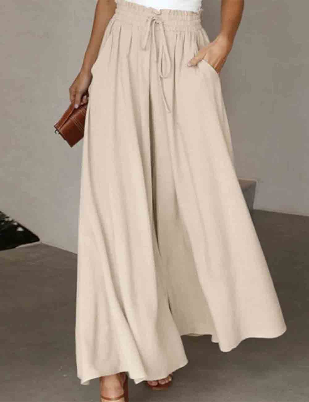 Ladies Solid Color Elastic Waist Tie Wide Leg Pants