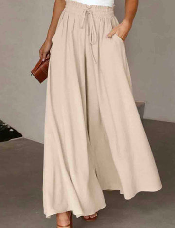Ladies Solid Color Elastic Waist Tie Wide Leg Pants