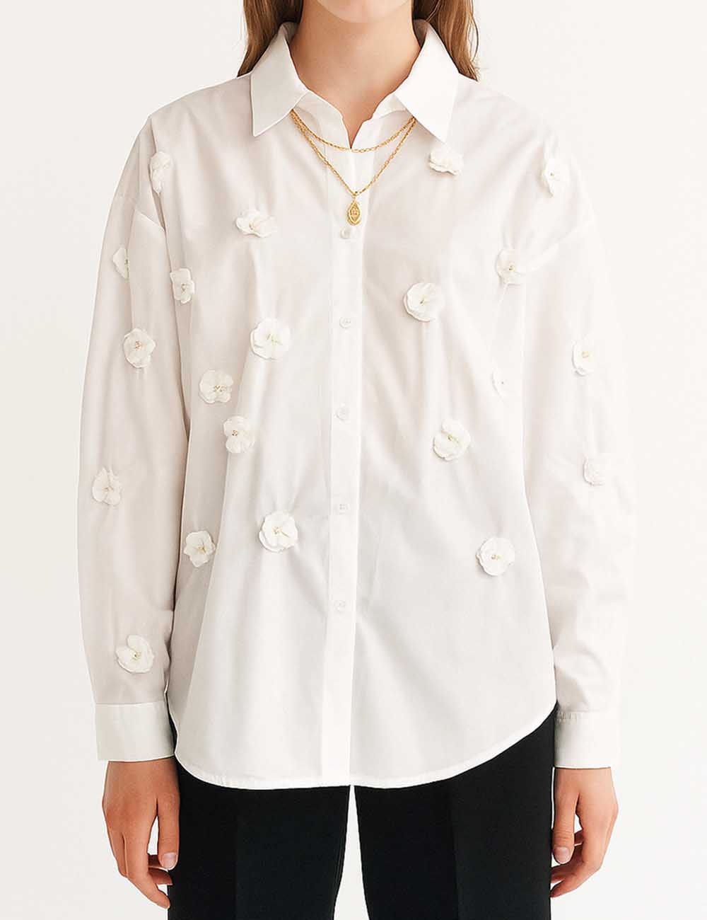 Ladies White 3D Flower Embroidery Button Down Shirt