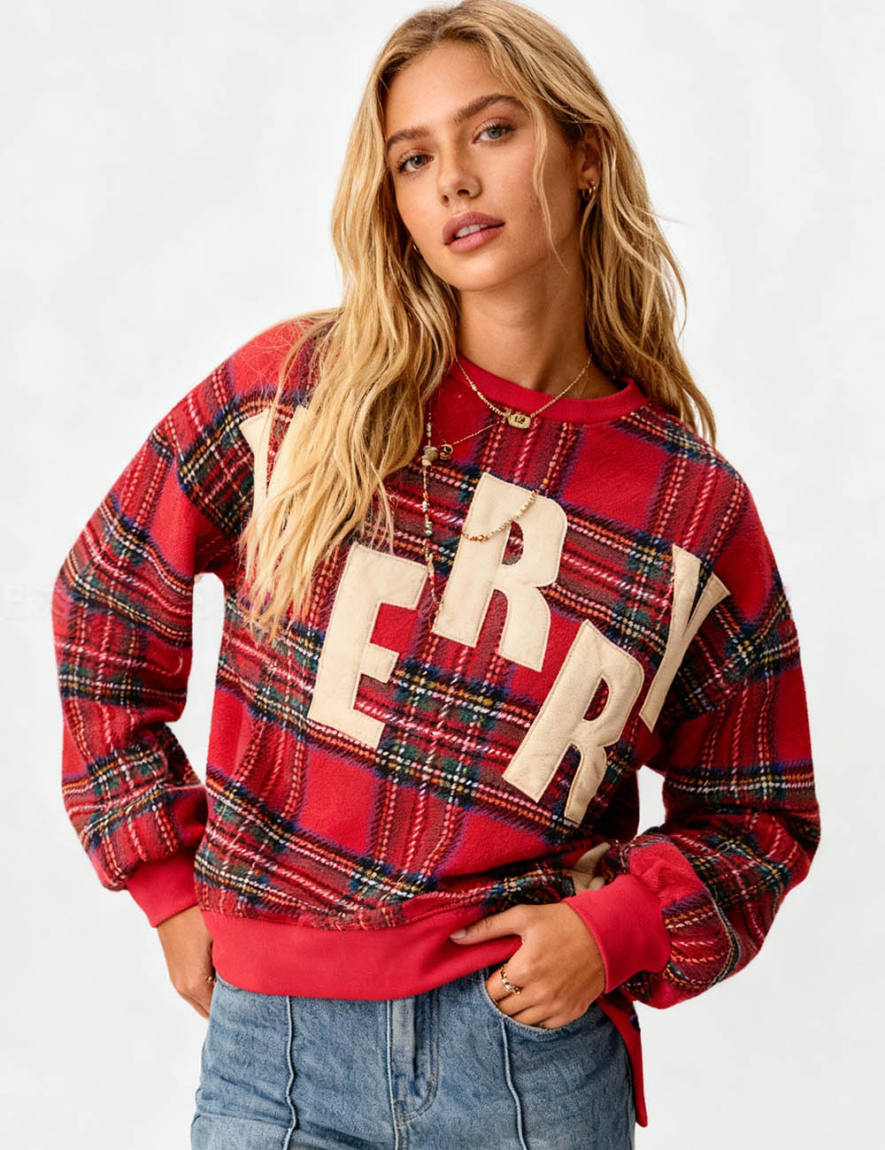 Ladies Christmas Bow Letter Embroidery Pullover Sweatshirt