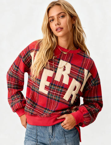 Ladies Christmas Bow Letter Embroidery Pullover Sweatshirt