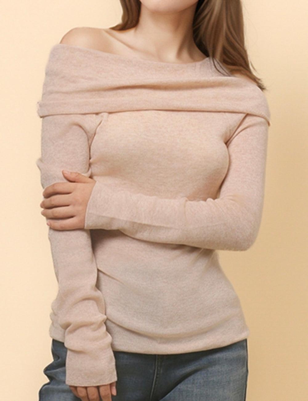 Ladies Solid Color Knit Off Shoulder Pullover Blouse SKT4854
