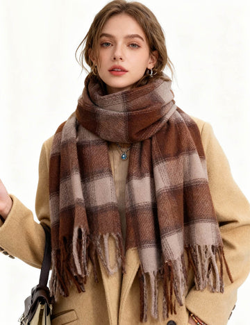 Ladies Color Block Checked Fringe Knit Scarf