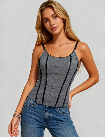 Ladies Contrast Trim Scoop Neck Faux Button Corset Cami Top