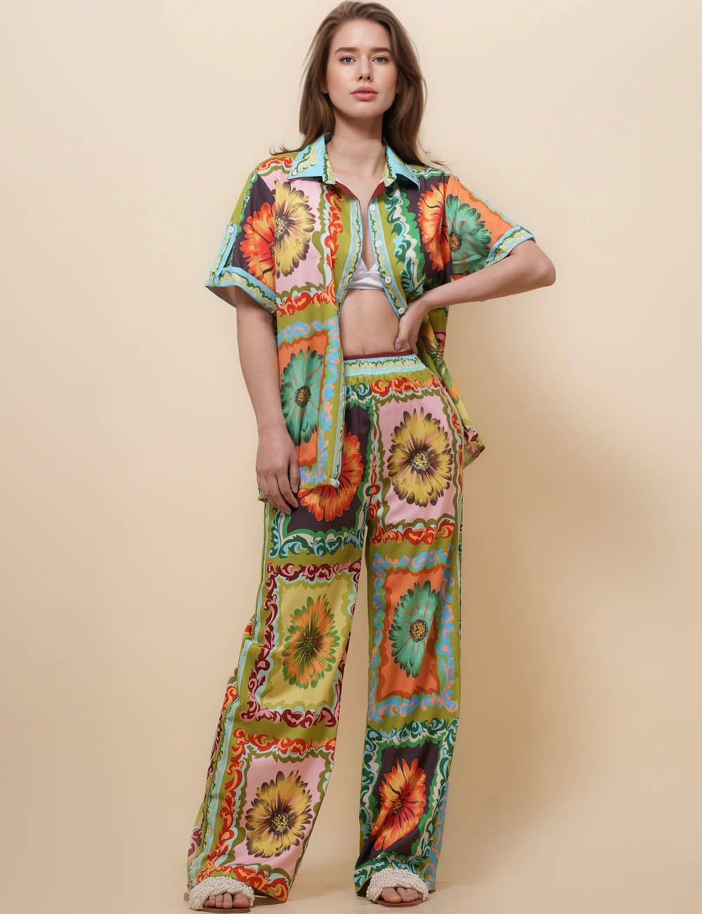 Ladies Turn Down Collar Short Sleeves Top & Pants Set SKST51136