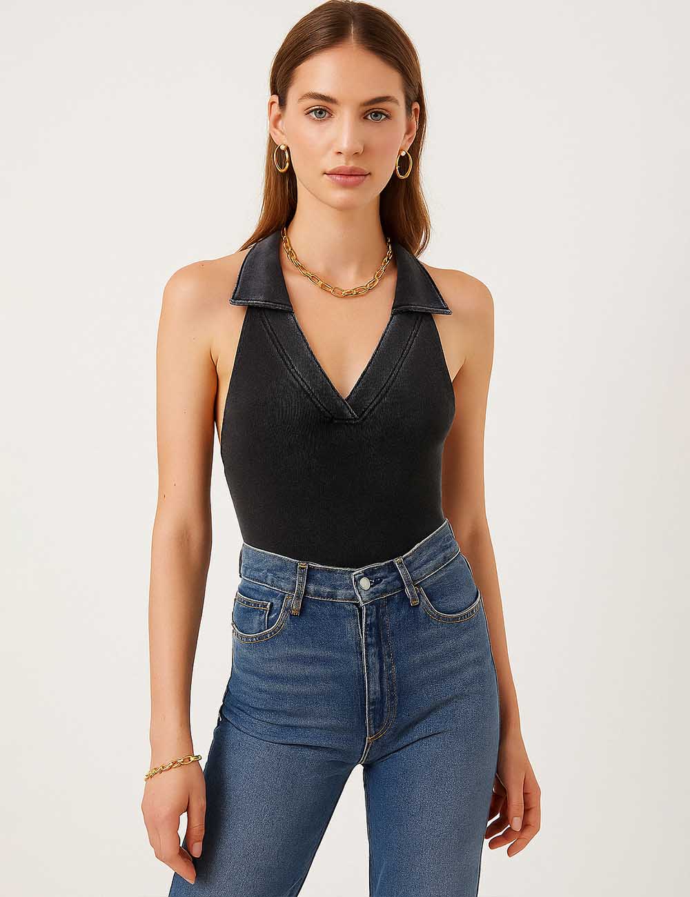 Ladies Sexy Halter V-Neck Sleeveless Backless Bodysuit