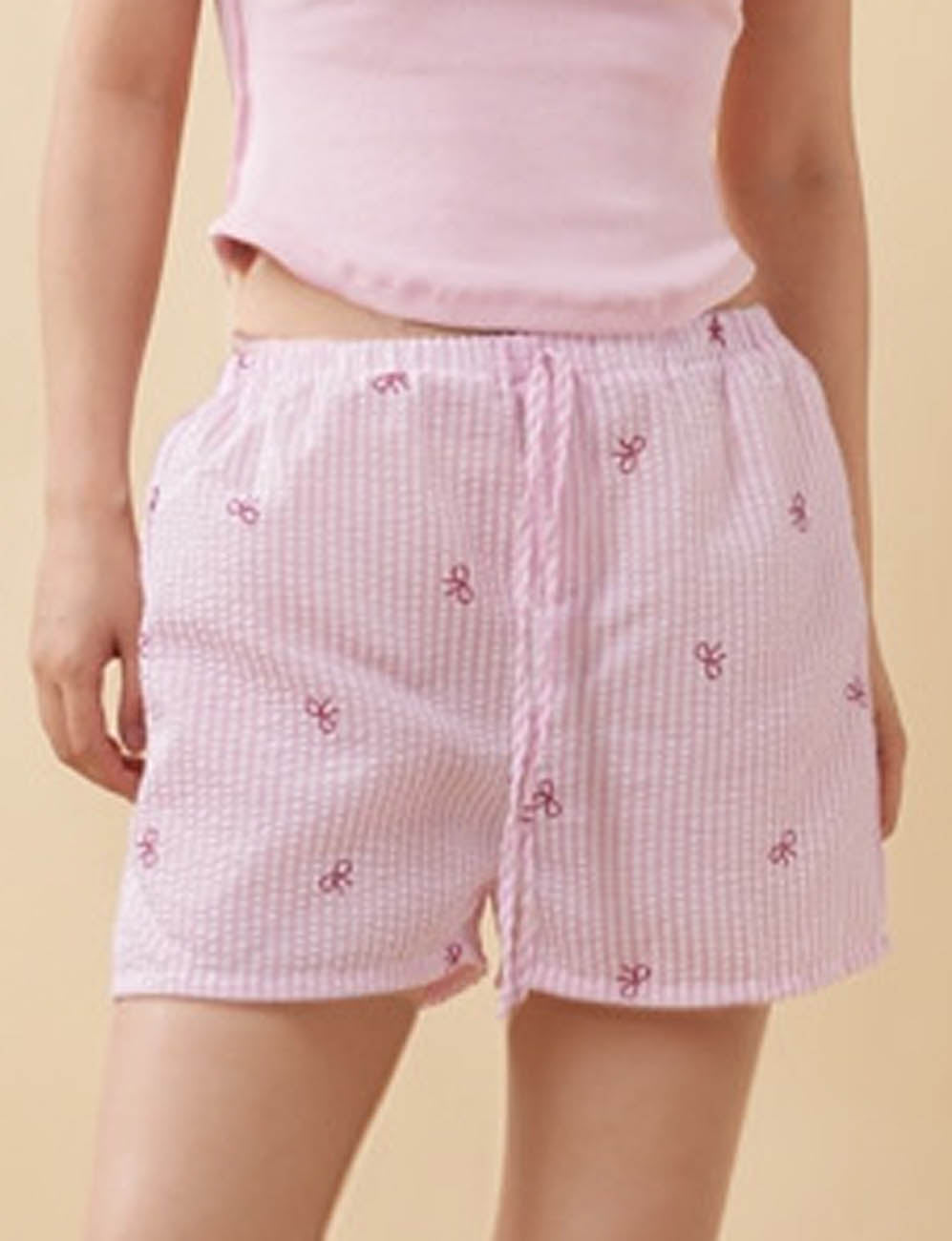 Ladies Bowknot Striped Print Elastic Waist Drawstring Shorts