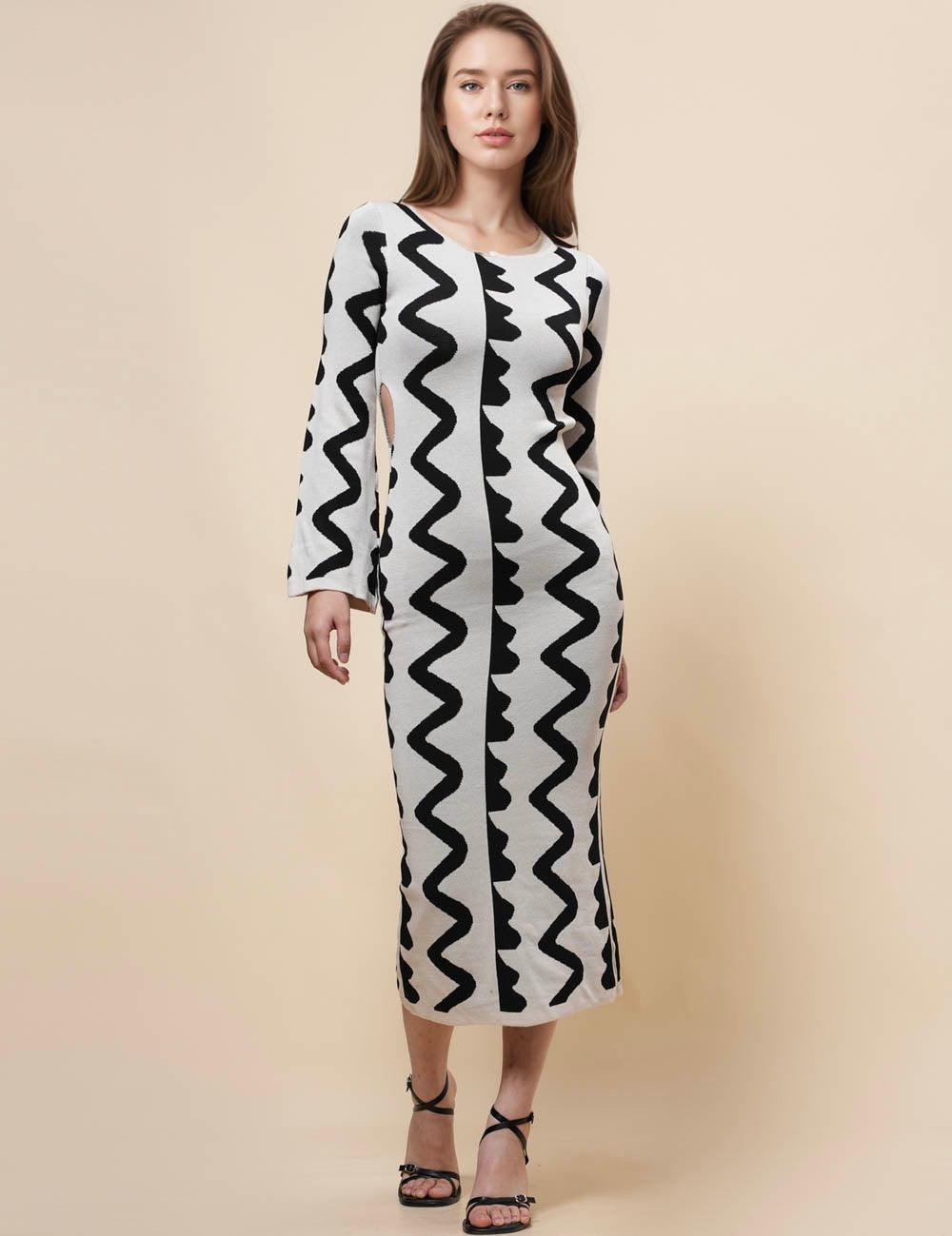 Ladies Waist Hallow Out Color Block Wavy Knit Midi Dress SKD4968