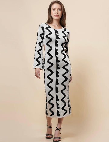 Ladies Waist Hallow Out Color Block Wavy Knit Midi Dress SKD4968