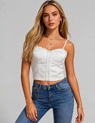 Lace Ruffle Trim Corset Smocked Back Crop Cami Top