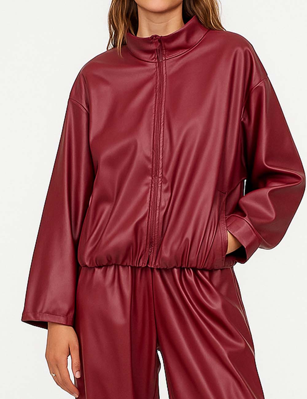 Ladies Lapel Collar Zip-Up Pocket Faux Leather Jacket