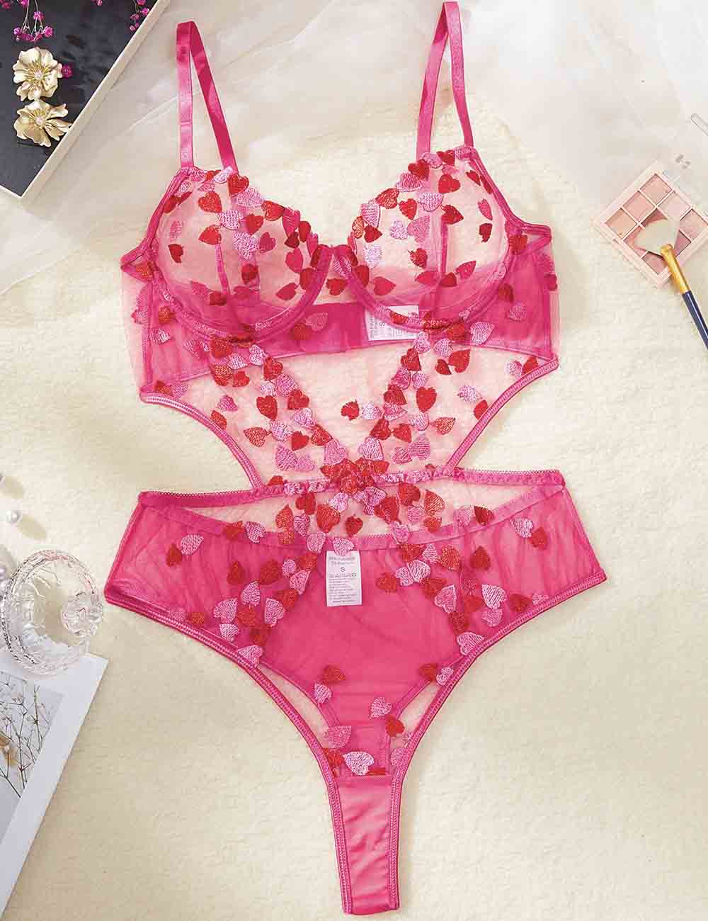 Ladies Heart Embroidery See Through Teddy 8HF4305