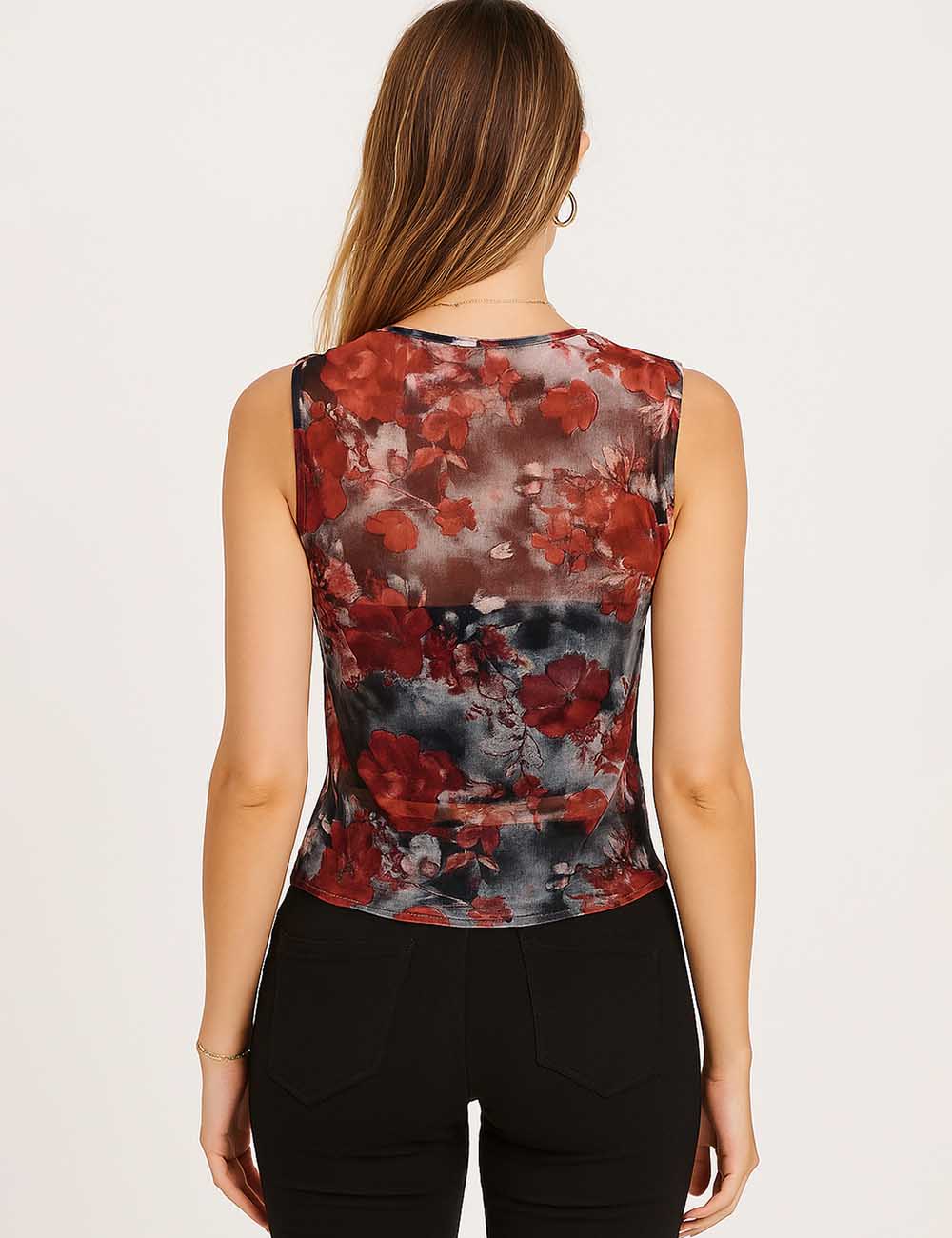 Women Flower Print See Sheer Mesh Layering Tank Top