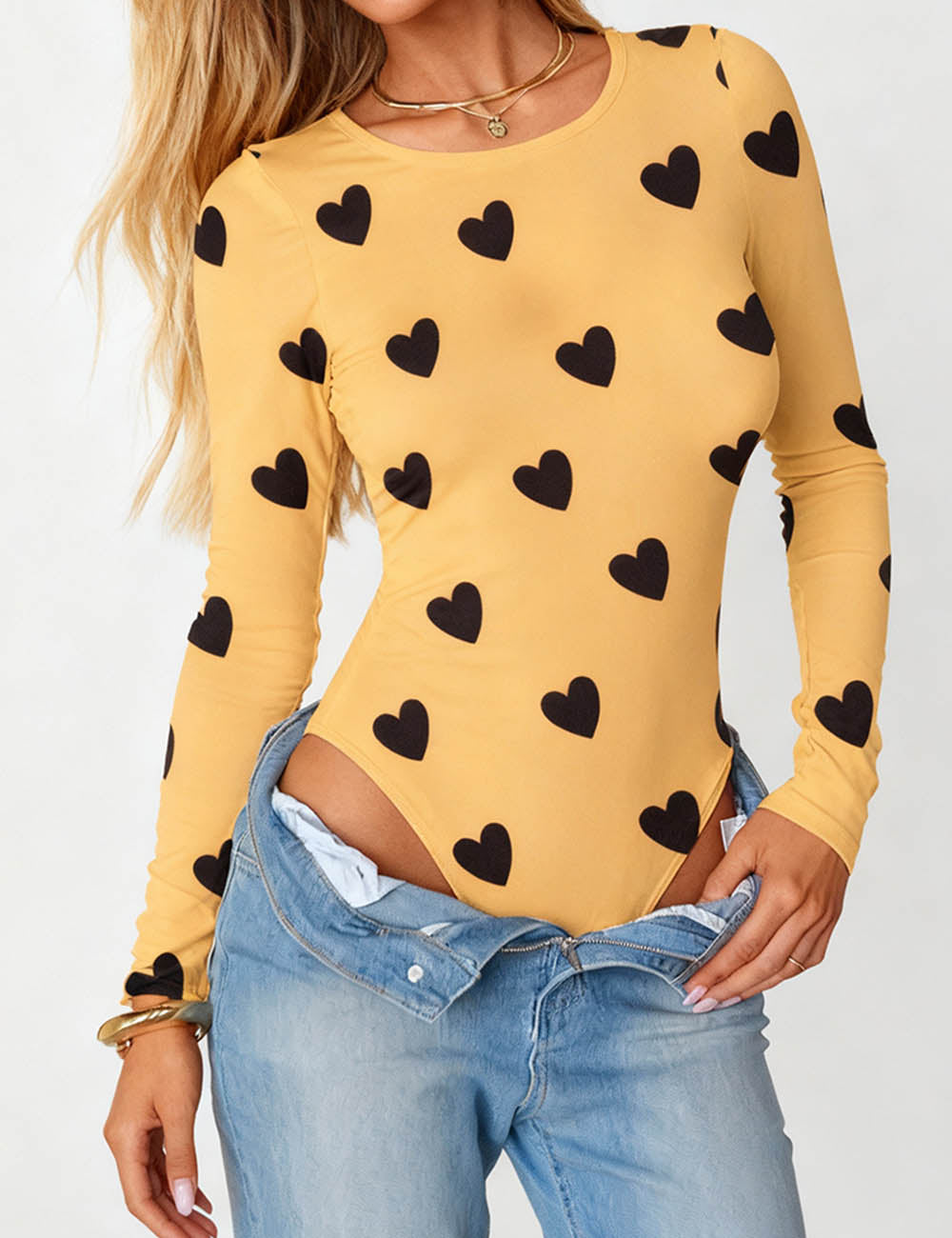 Ladies Round Neck Heart Print Long Sleeves Bodysuit