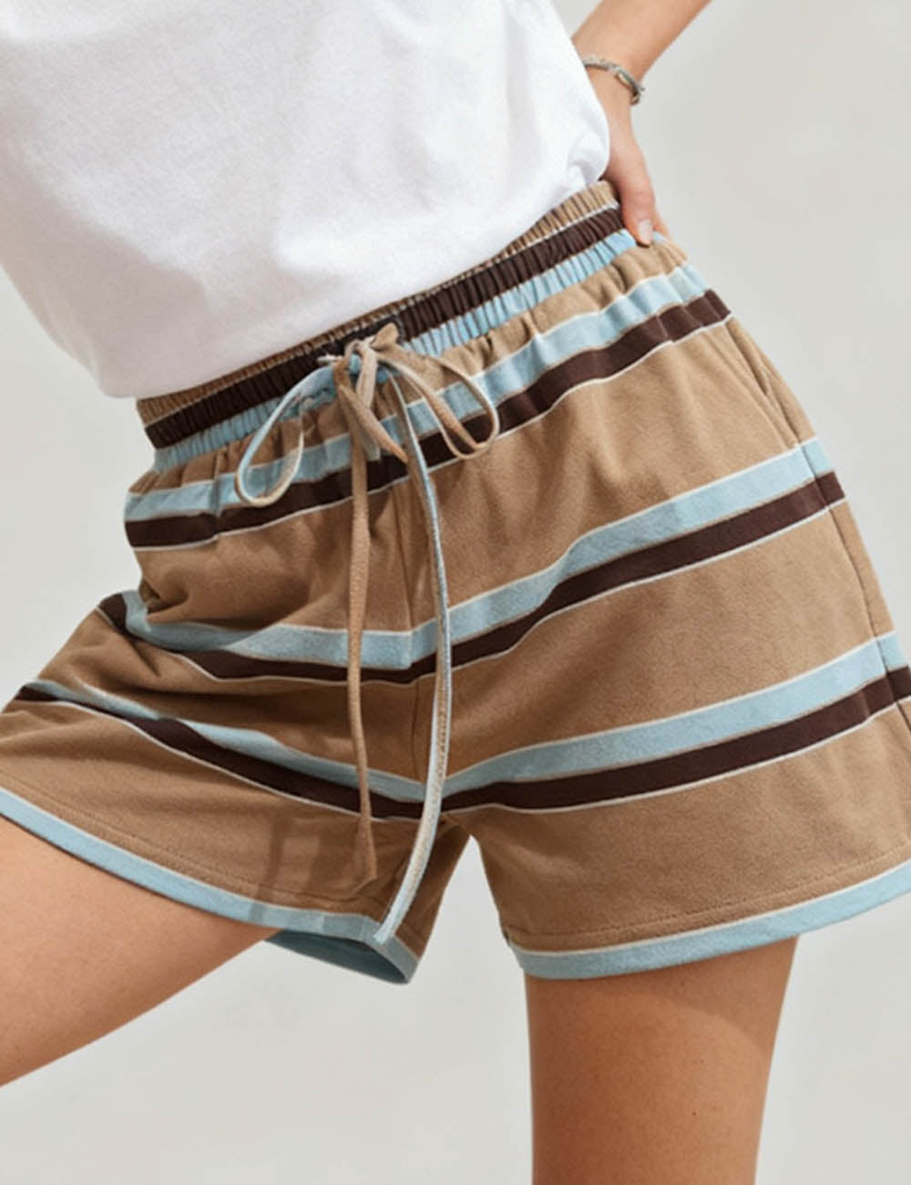 Ladies Striped Elastic Waist Drawstring Wide Leg Shorts