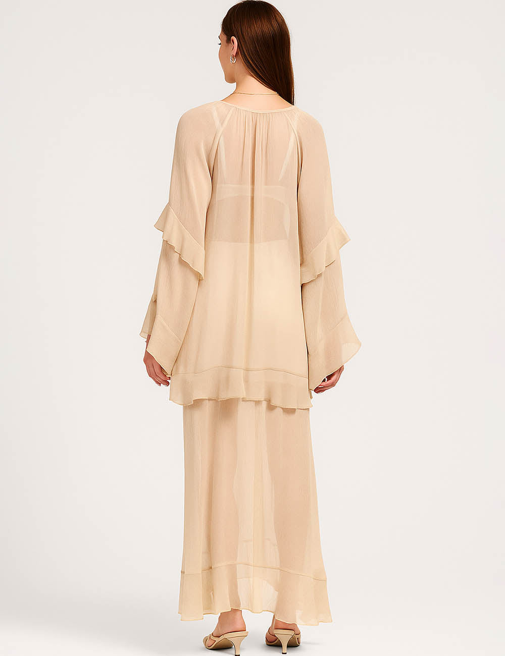 Ladies Chiffon See Sheer Dress Ruffle Flared Sleeves Maxi Dress