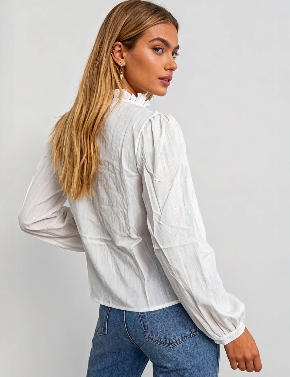 Ladies White Ruffle Stand Collar Button Front Blouse