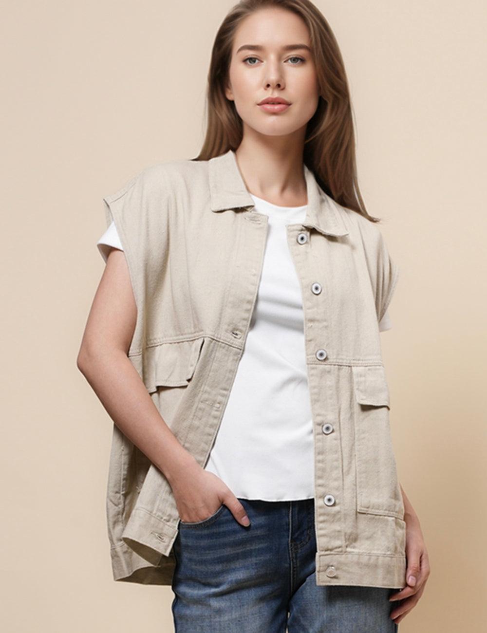 Ladies Turndown Collar Sleeveless Denim Vest SKT4957