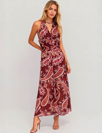 Ladies Floral Print V-Neck Sleeveless Ruched Maxi Dress