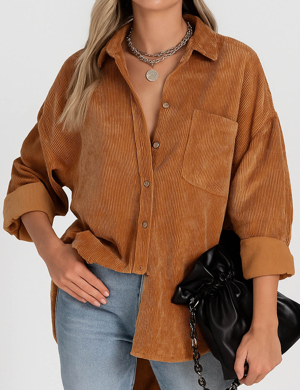 Ladies Corduroy Turn Down Collar Long Sleeves Shirt