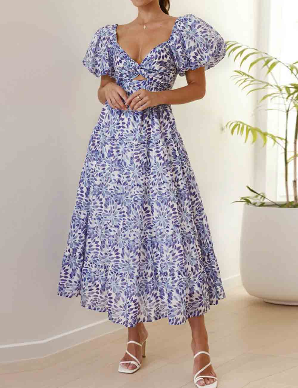 Ladies Bubble Short Sleeves Floral Print Midi Dress SKD51118