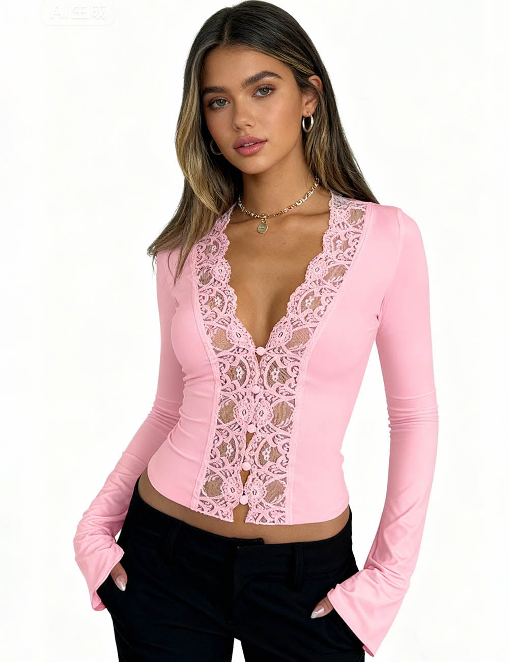 Ladies Sexy V-Neck Button Front Lace Splice Layering Top