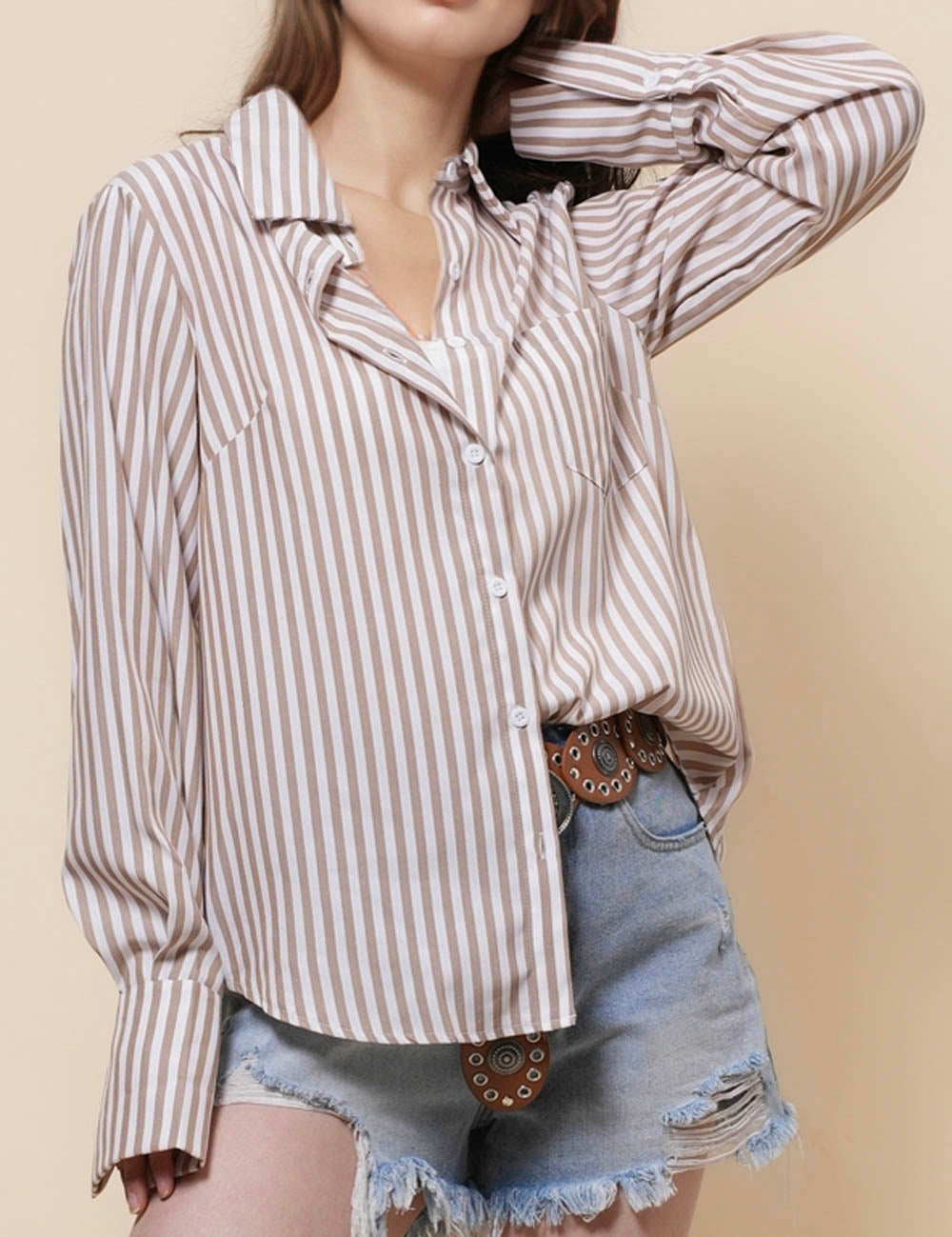 Ladies Stripe Turndowan Collar Shirt Top SKT41242