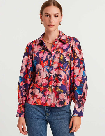 Ladies Floral Print Long Sleeves Button Down Blouse