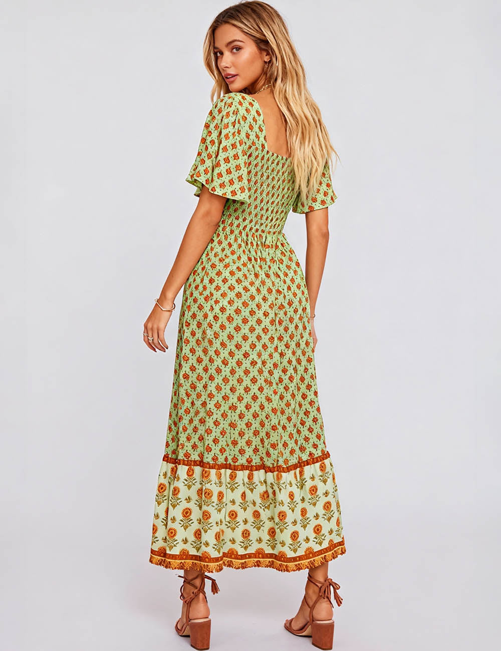 Ladies Boho Floral Print Square Neck Short Sleeves Maxi Dress