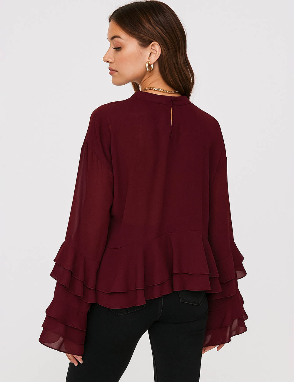 Ladies Chiffon Mesh Sheer Tiered Ruffle Flared Sleeves Blouse