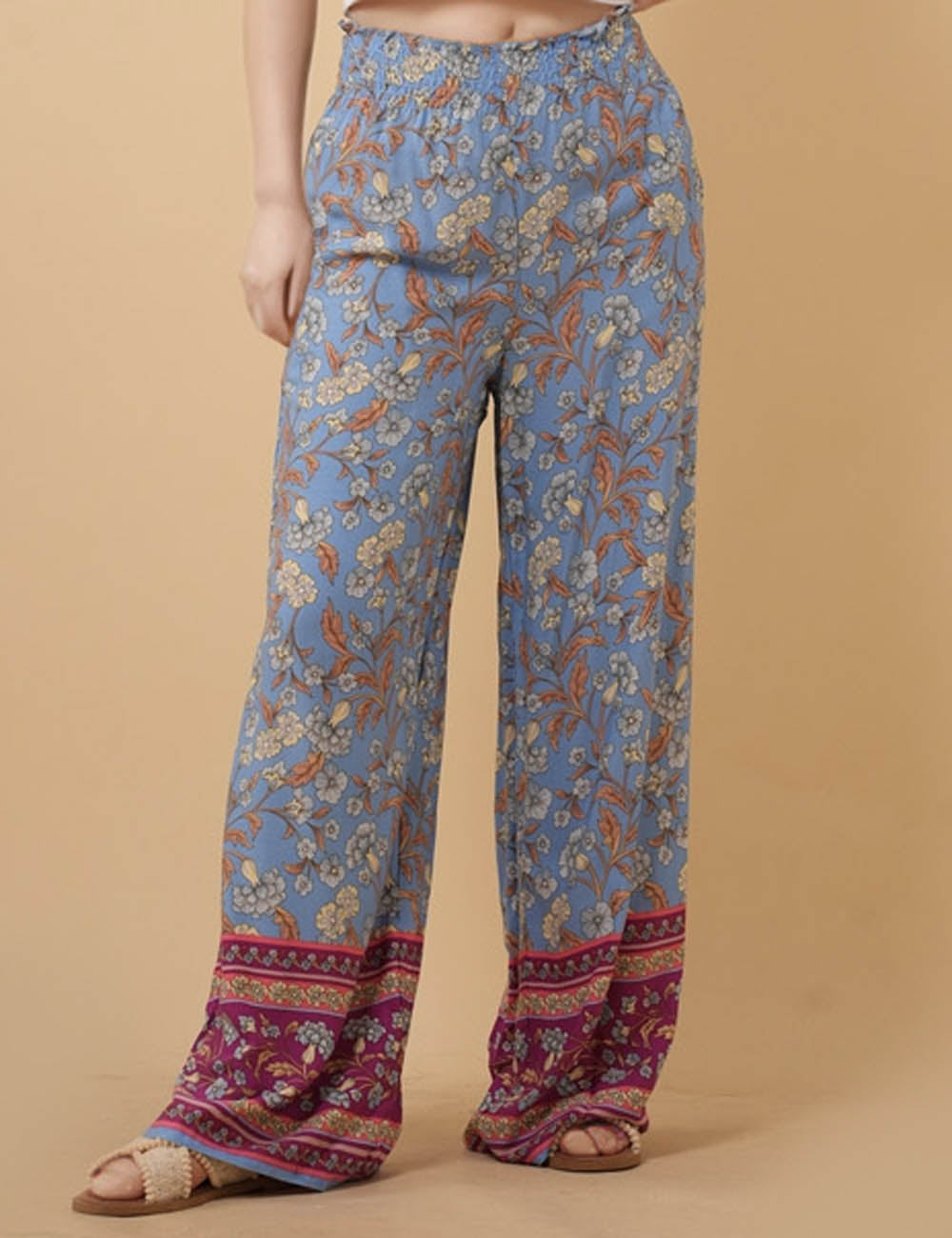 Ladies Floral Print Elastic Waist Wide Leg Pants 8SKP50455