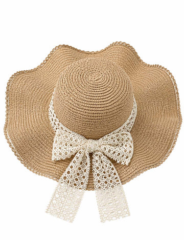 Ladies Boho Ruffled Wide Brim Lace Bow Straw Beach Hat