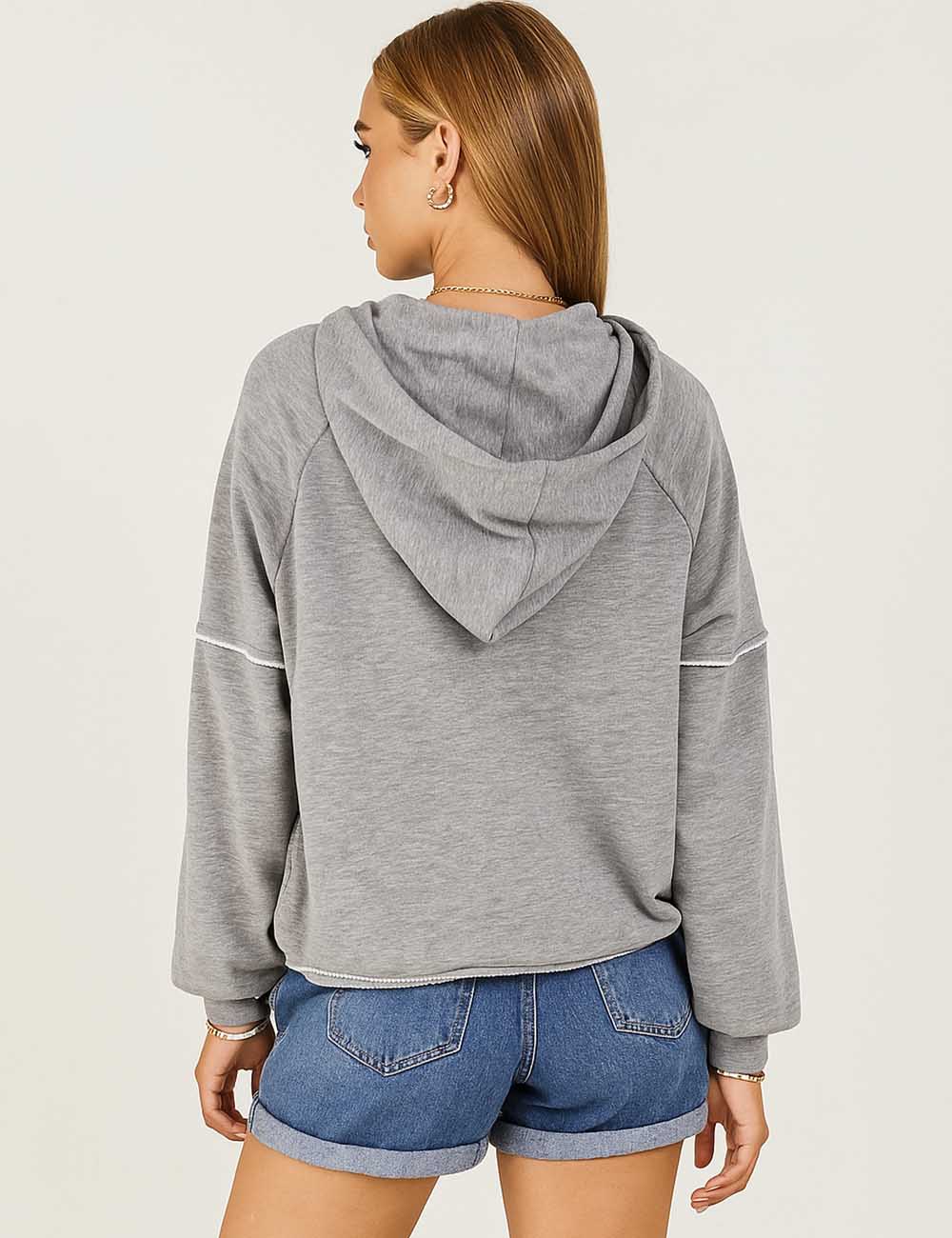 Ladies Drawstring Flap Pockets Zipper Hoodie Sweatshirt