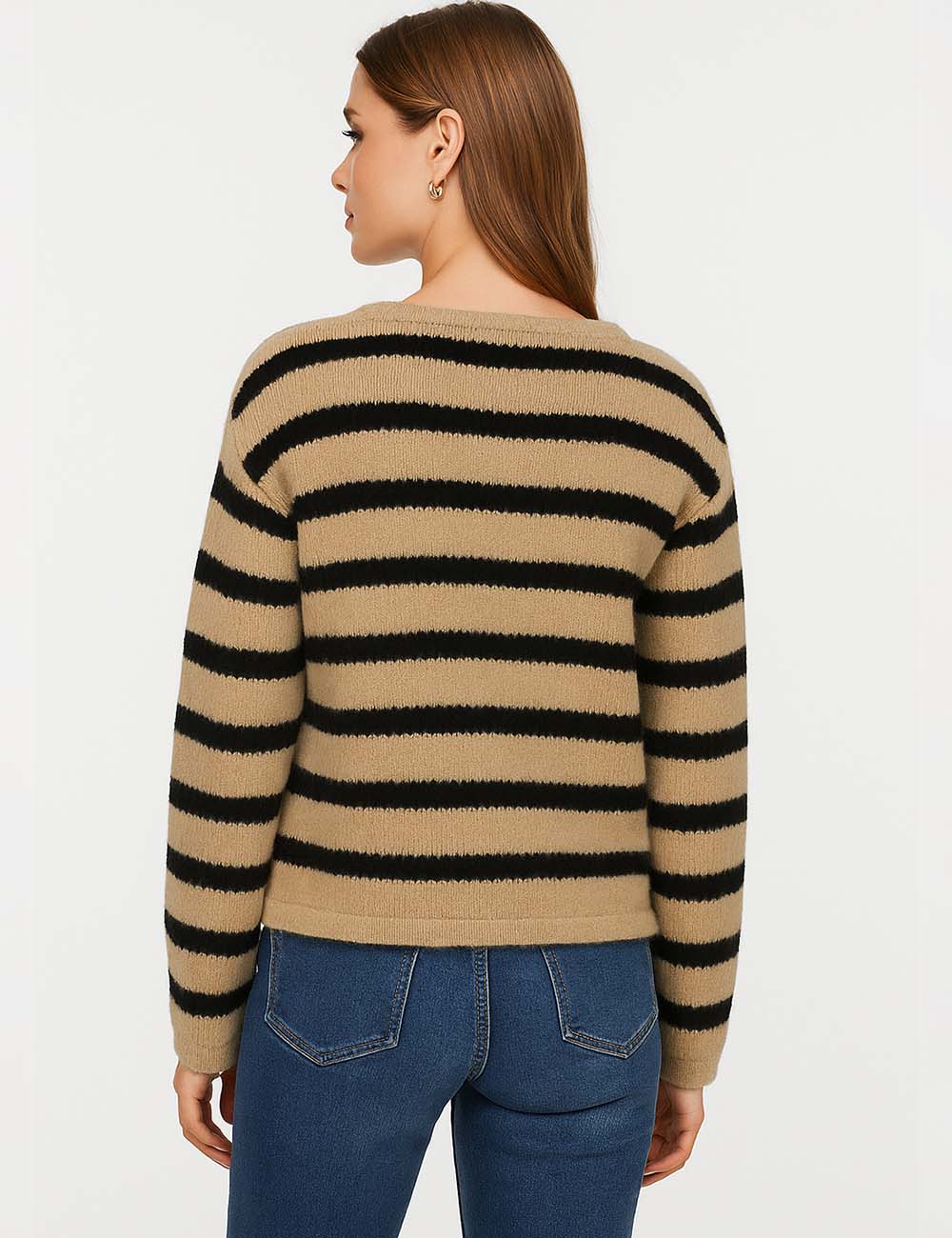 Ladies Striped Round Neck Button Front Knit Cardigan