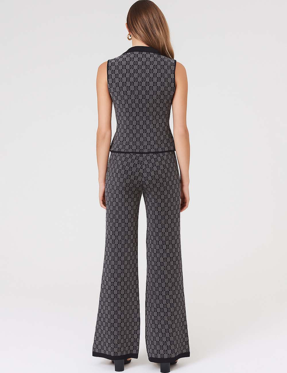 Ladies Color Block V-Neck Vest Pants Sweater Set SKST41057