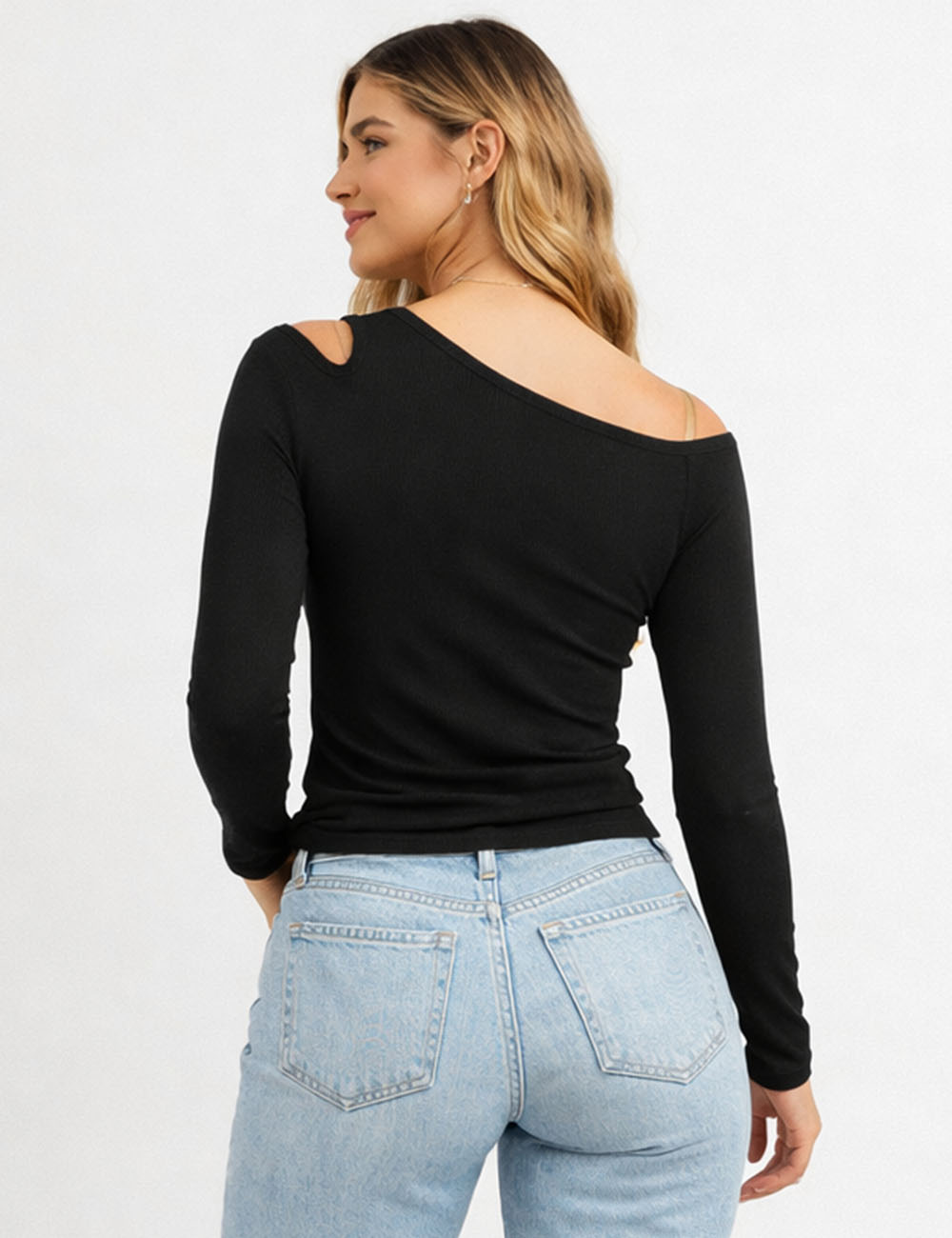 Ladies Chic One Shoulder Cut Out Solid Color Long Sleeves Top