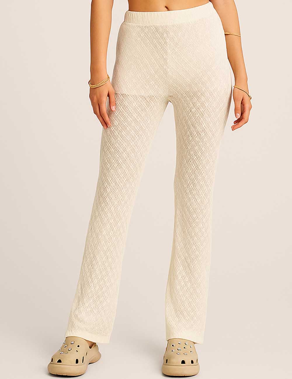 Ladies Solid Color See Through Straight Leg Pants