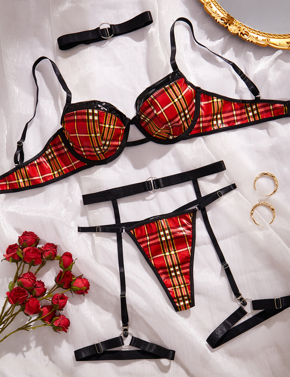 Ladies Color Block PU Plaid Sexy 3PCS Lingerie Set SKLG4046