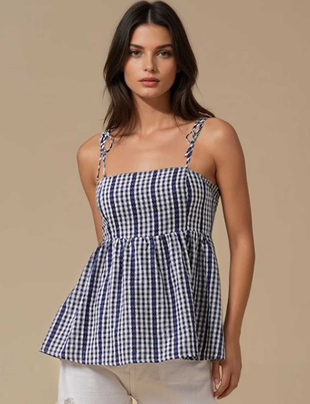 Ladies Color Block Checked Smocking String Tie Cami Top