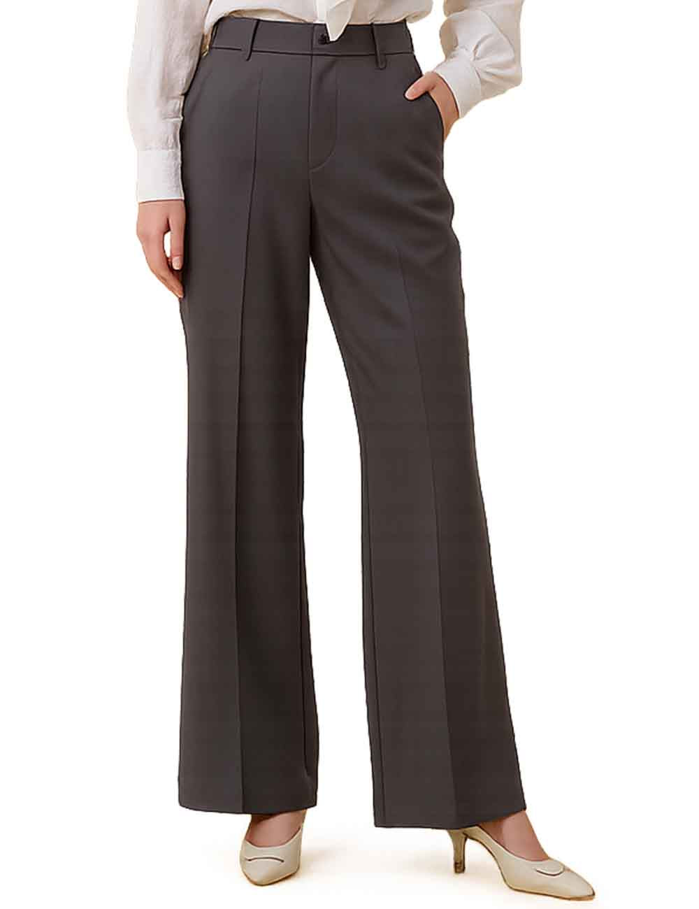 Ladies Solid Color Button Closure Slight Bell Leg Trousers