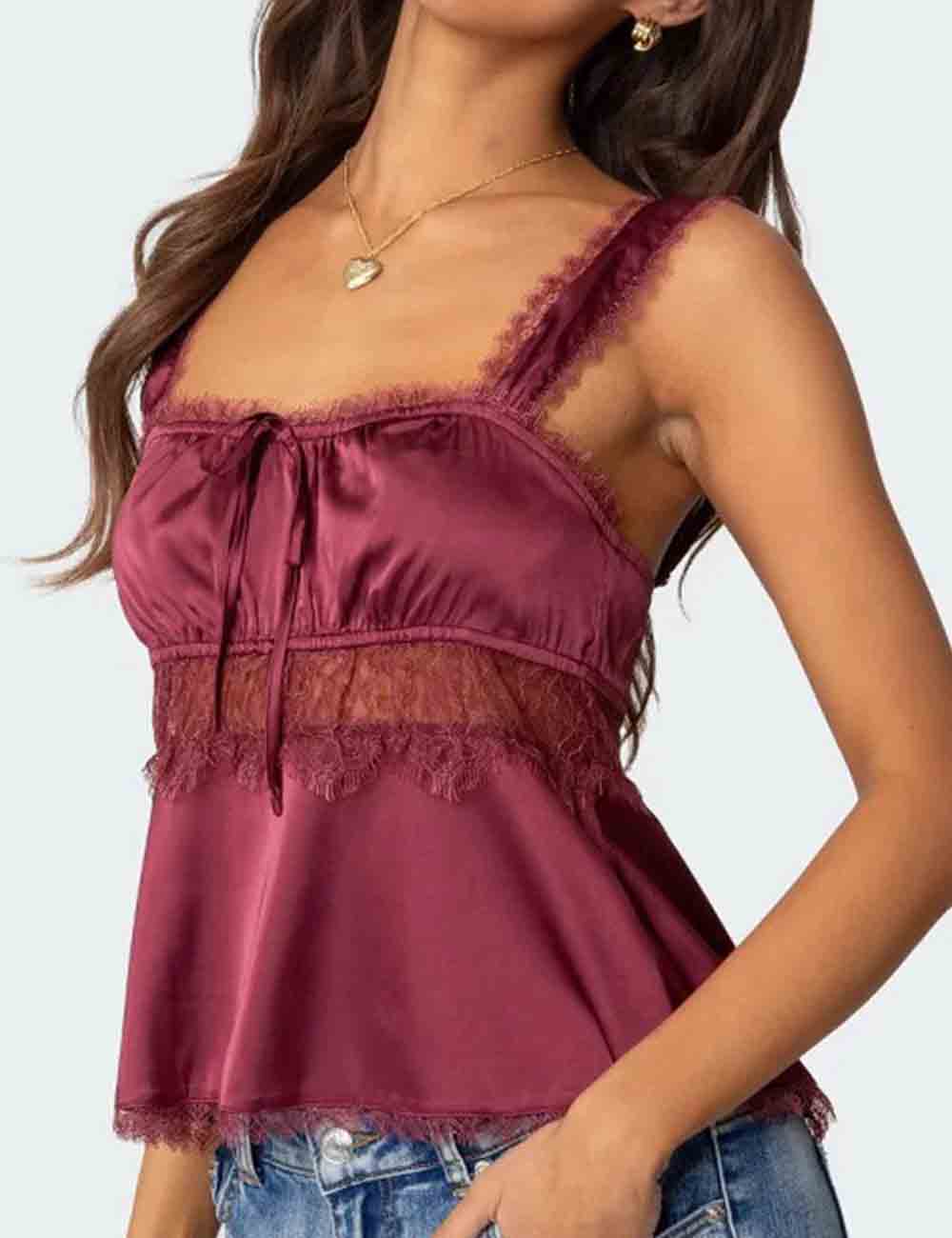 Ladies Solid Color Square Neck Lace Backless Babydoll Tank Top