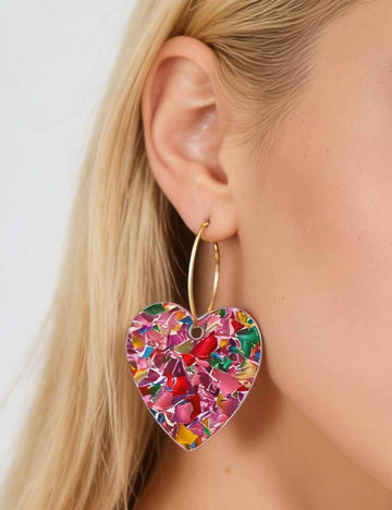 Ladies Valentine's Acrylic Heart Hoop Pendant Earrings