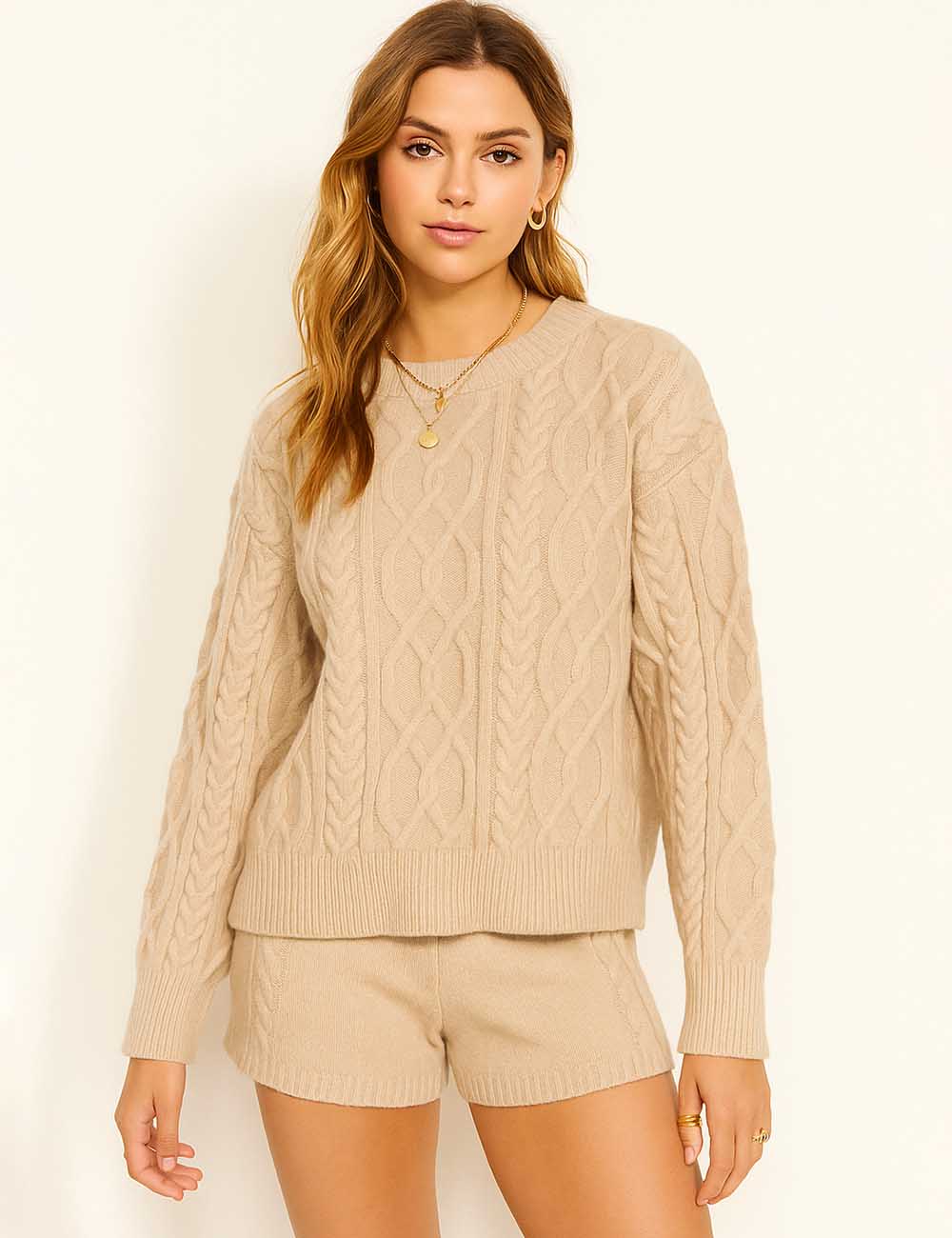 Ladies Cable Knit Sweater Top & Shorts 2PCS Set