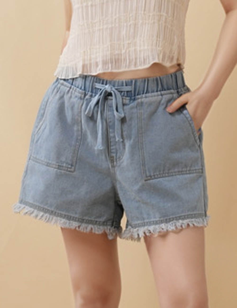Ladies Drawstring Elastic Waist Frayed Edge Denim Shorts