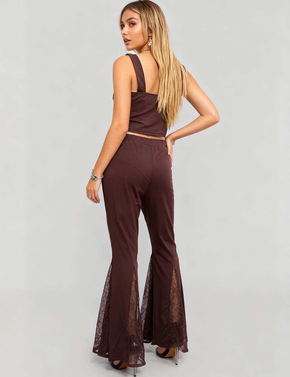 Ladies V-Neck Lace Flared Leg Tank Top & Pants 2PCS Set