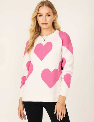 Ladies Color Block Heart Print Round Collar Knit Sweater