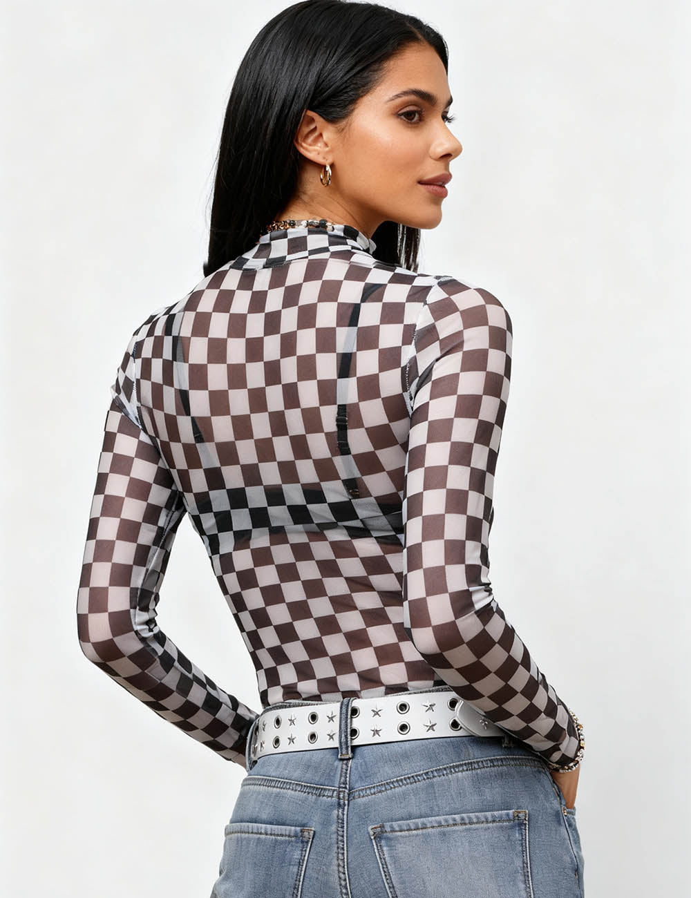 Ladies See Sheer Bodysuit Grid Mesh Layring Top SKT4935