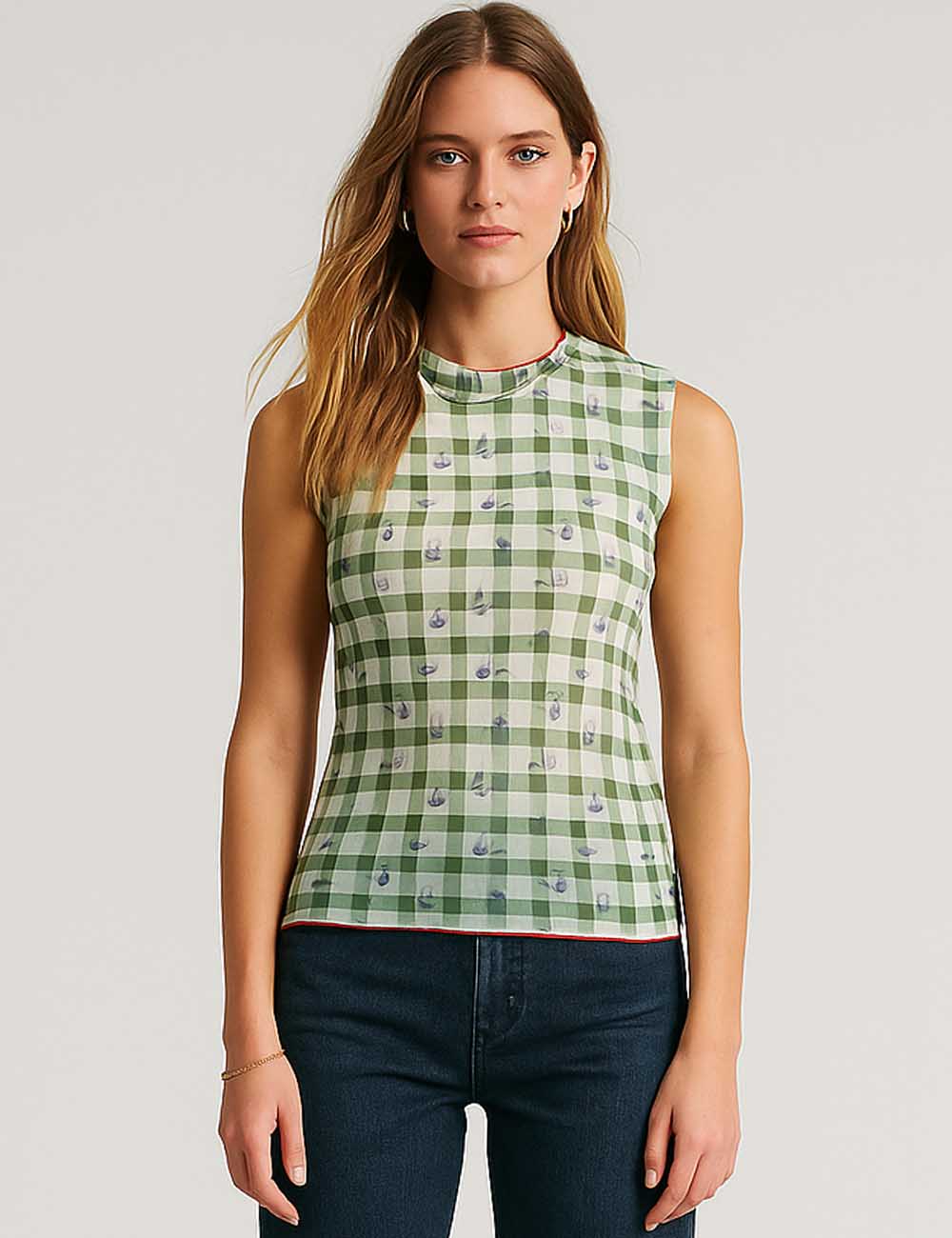 Women Sleeveless Mesh Tank Top Checked See Sheer Top