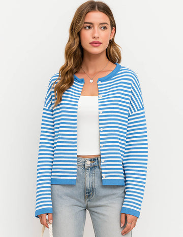 Ladies Striped Knit Button Front Crop Cardigan