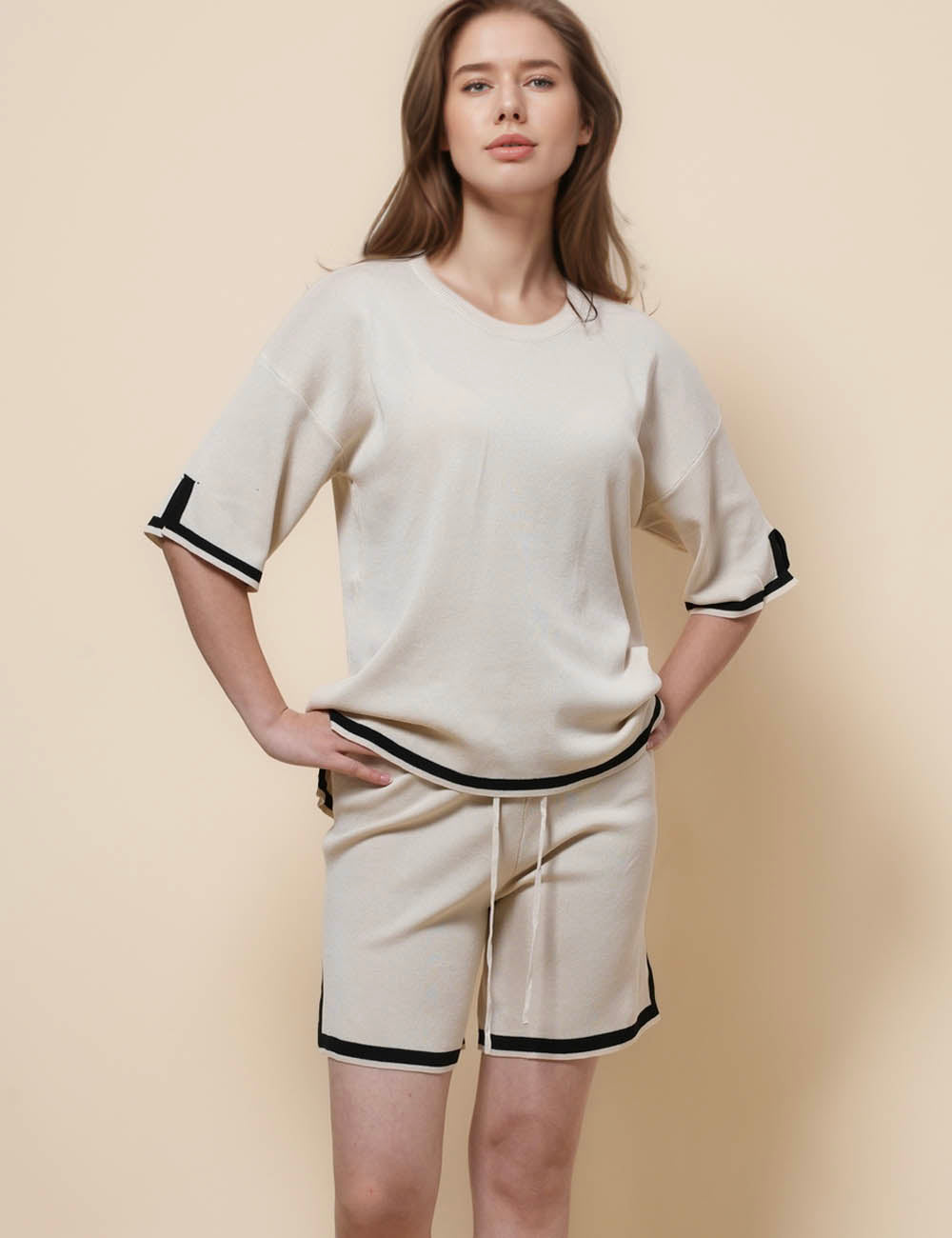 Ladies Color Block Top Shorts Knit 2PCS Set SKST41225